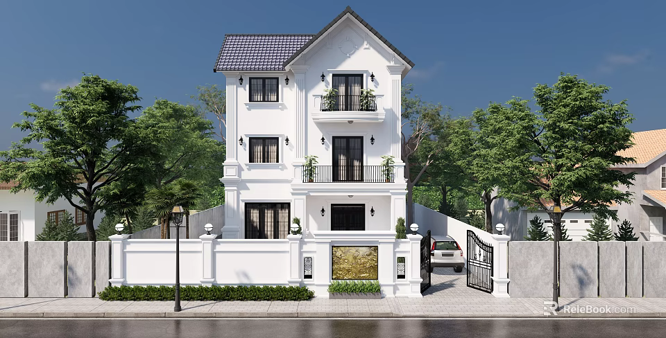 White Three Story Detached Villa With Dark Roof Tiles Gate Fence And Green Trees 3d model 