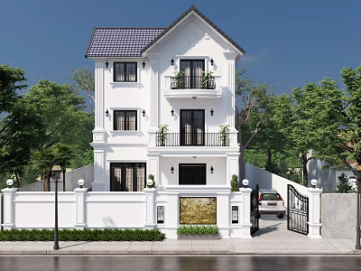 White Three Story Detached Villa With Dark Roof Tiles Gate Fence And Green Trees 3d model