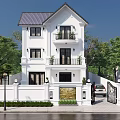 White Three Story Detached Villa With Dark Roof Tiles Gate Fence And Green Trees