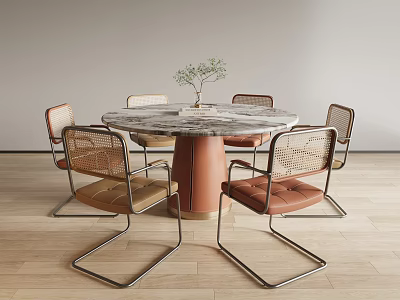Round Marble Top Dining Table Set With Orange Base Wicker Chairs And Metal Legs 3d model
