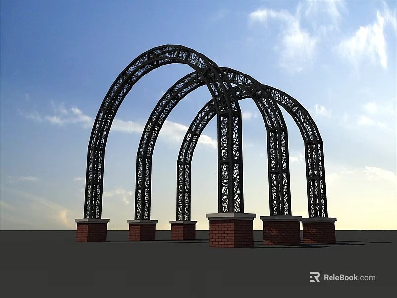 Black Arched Pergola With Intricate Carvings Red Brick Bases Under Blue Sky And White Clouds 3d model 