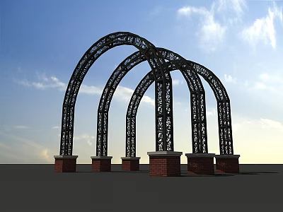 Black Arched Pergola With Intricate Carvings Red Brick Bases Under Blue Sky And White Clouds 3d model