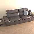 Modern Brown Leather Two Seater Sofa With Checkered Pillow And Side Table On Wooden Floor