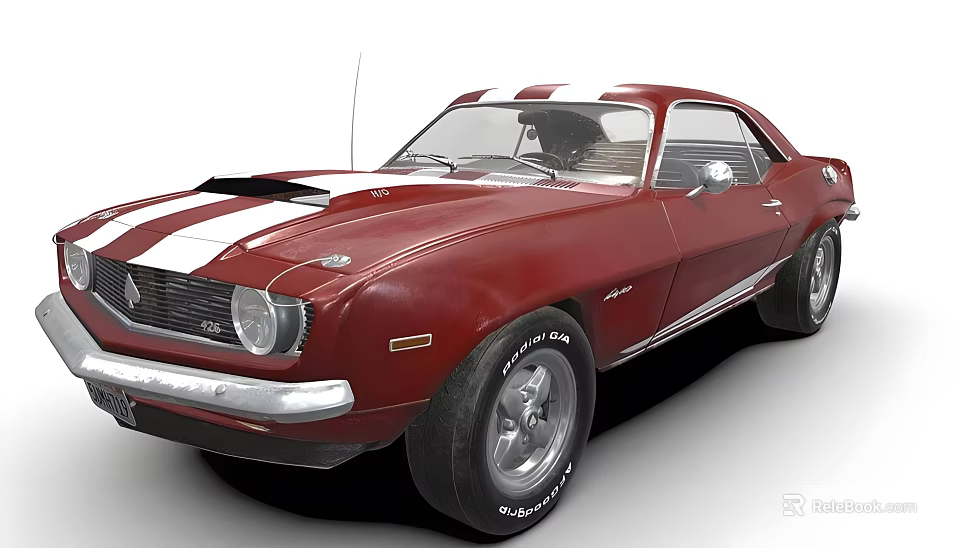 Red Classic Muscle Car With White Racing Stripes Two Door And Alloy Wheels Design 3d model 