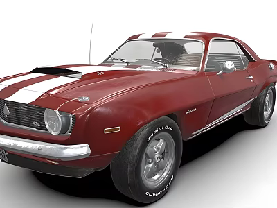 Red Classic Muscle Car With White Racing Stripes Two Door And Alloy Wheels Design 3d model