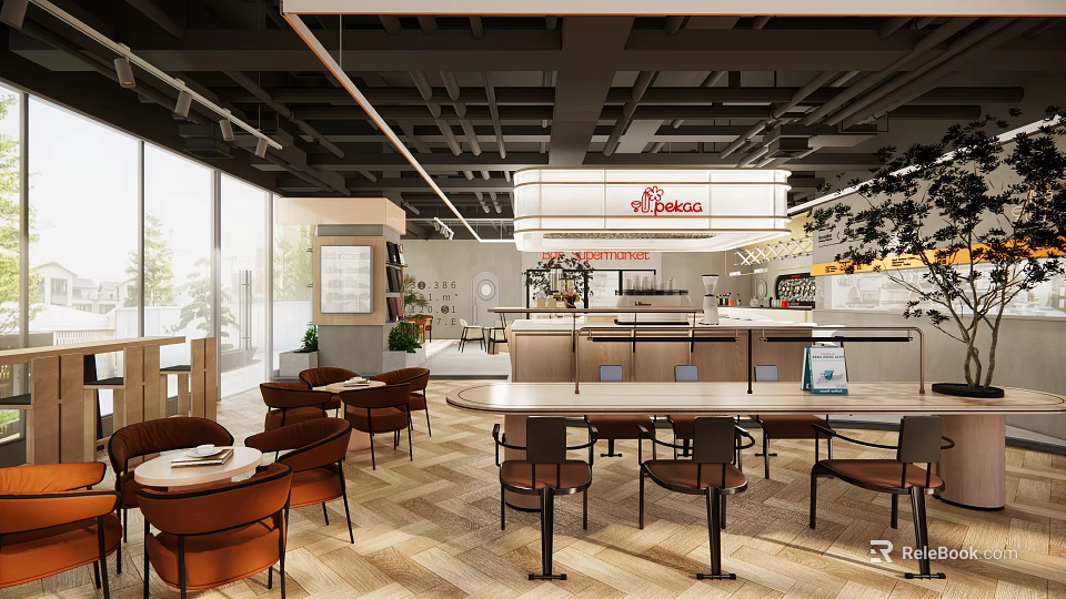 Modern Café Interior With Wooden Tables Brown Chairs Bar Counter And Pendant Lights 3d model 