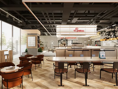 Modern Café Interior With Wooden Tables Brown Chairs Bar Counter And Pendant Lights 3d model