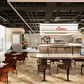Modern Café Interior With Wooden Tables Brown Chairs Bar Counter And Pendant Lights