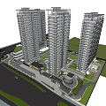 Modern High Rise Residential Towers With Waterfront View Green Spaces And Parking Area