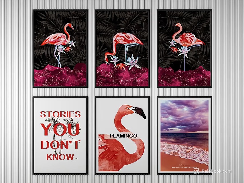 Flamingo Themed Wall Art Prints With Botanical Backgrounds And Beach Scene 3d model 