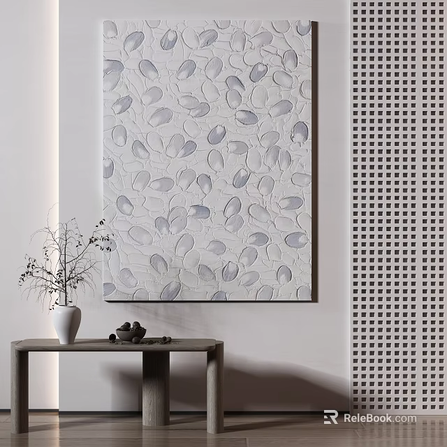Gray Leaf Pattern Wall Art With White Vase Dried Branches And Perforated Grid Wall 3d model