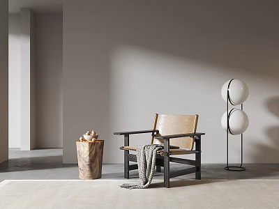 Leisure Chair With Wooden Frame Armrest In Minimalist Room Woven Vase And Floor Lamp 3d model
