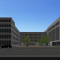 Modern School Buildings With Spacious Square Trees And Parking Lot Under Blue Sky