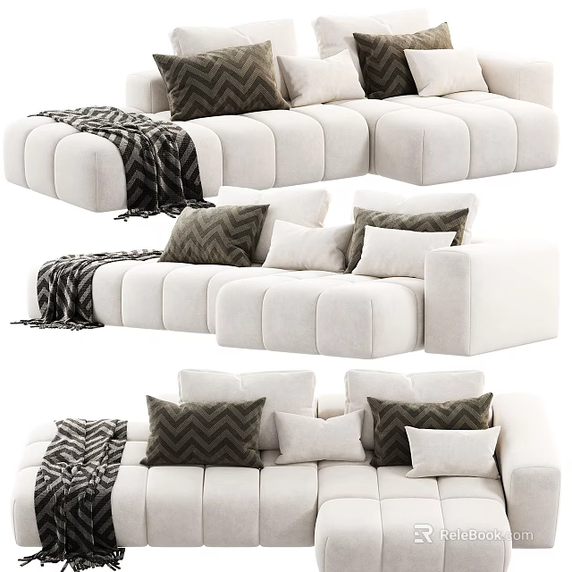 Modern Plush White Sectional Sofa With Geometric Pattern Pillows And Cozy Throw Blanket 3d model 