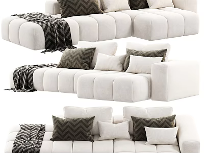 Modern Plush White Sectional Sofa With Geometric Pattern Pillows And Cozy Throw Blanket 3d model