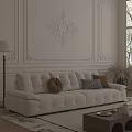 White Tufted Sofa with Plush Cushions and Coffee Table Set in Elegant Ornate Interior
