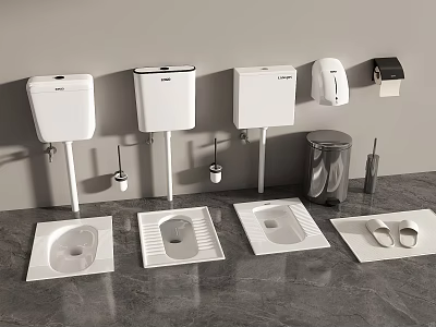 Bathroom Accessories Set With Toilet Tanks Squat Toilets Hand Dryer Trash Can Slippers And Mats 3d model