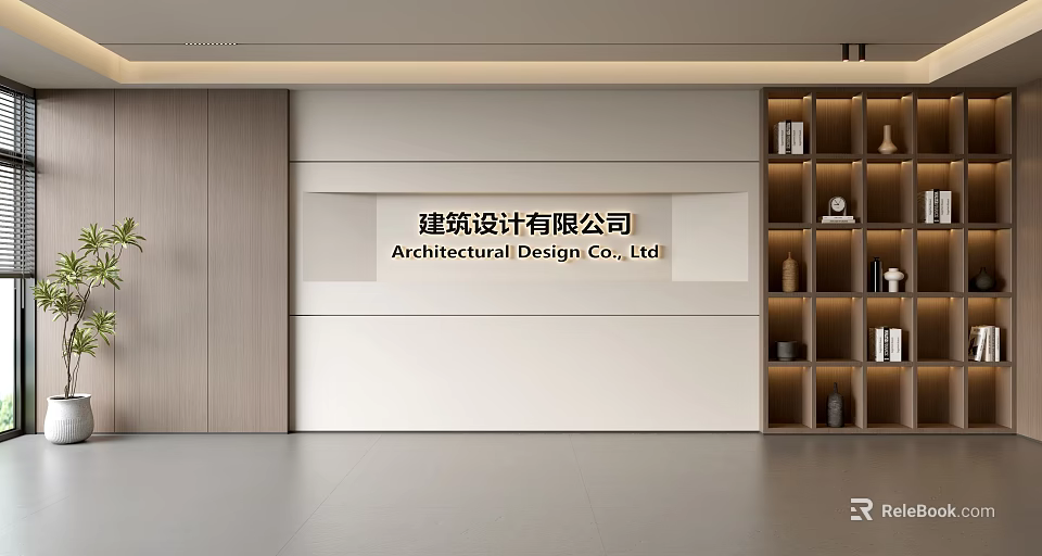 Modern Architectural Design Company Interior Background Wall With Logo And Display Shelves 3d model 