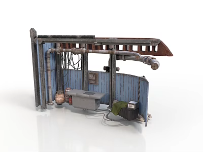 Industrial Style Scene Components With Metal Pipes Blue Wall Panels Workbench And Barrel 3d model