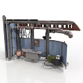 Industrial Style Scene Components With Metal Pipes Blue Wall Panels Workbench And Barrel
