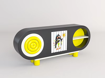 Entryway Sideboard Cabinet with Black Yellow Design Central Cartoon Painting White Shelf and Yellow Legs 3d model