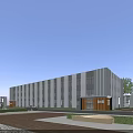 Modern Industrial Factory Building With Multi Story Exterior Large Glass Windows Landscaped Area And Parking