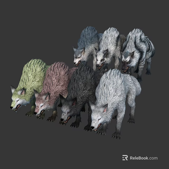 Vibrant Colored Wolves Realistic 3D Model Standing in Group Formation 3d model 