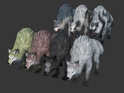 Vibrant Colored Wolves Realistic 3D Model Standing in Group Formation 3d model