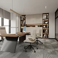 Modern Office Interior With Wooden Desk Ergonomic Chairs Large Windows And Built In Bookshelves