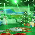 Vibrant Green Lit Children's Playground Stage With Castle Decorations Trees And Gift Boxes