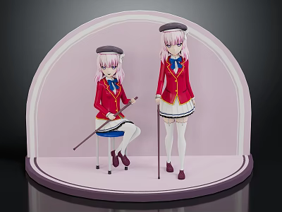 Anime Character Figurines in Red Coats and White Skirts with Hats on Pink Display Stand 3d model