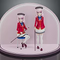 Anime Character Figurines in Red Coats and White Skirts with Hats on Pink Display Stand