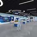 Showroom Interior With Product Display Blue Background White Counters And Human Models 3d model