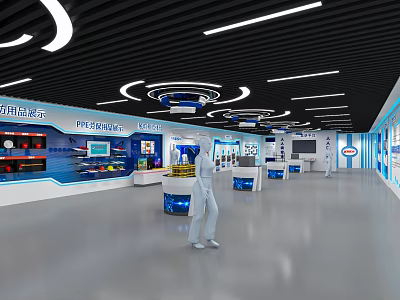 Showroom Interior With Product Display Blue Background White Counters And Human Models 3d model