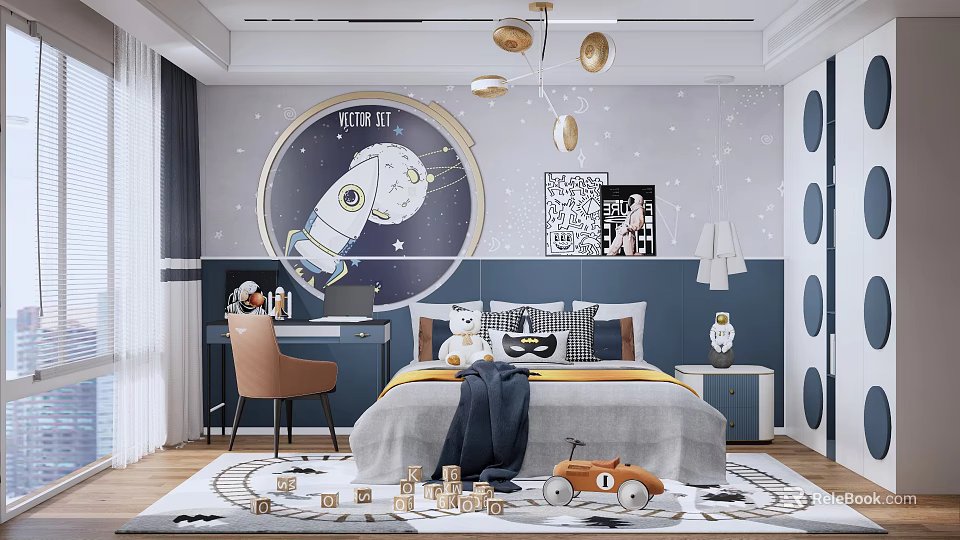 Starry Kids Room Interior With Astronaut Wall Decor Bed Wooden Blocks And Study Desk 3d model 