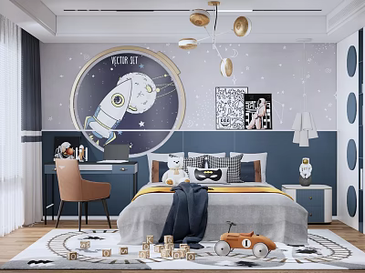 Starry Kids Room Interior With Astronaut Wall Decor Bed Wooden Blocks And Study Desk 3d model