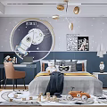 Starry Kids Room Interior With Astronaut Wall Decor Bed Wooden Blocks And Study Desk