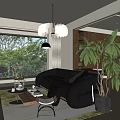 Modern Living Room Interior With Black Leather Sofa Large Window And Palm Plant