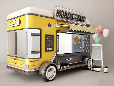 NORDICLIGHT Food Truck With Yellow White Exterior Awning Balloons And Menu Board 3d model