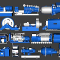 Various Blue Industrial Machinery Components Including Pumps Motors And Gearboxes