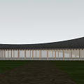 Modern Sales Office Building With Curved Roof Surrounded by Tall Trees and Stone Path