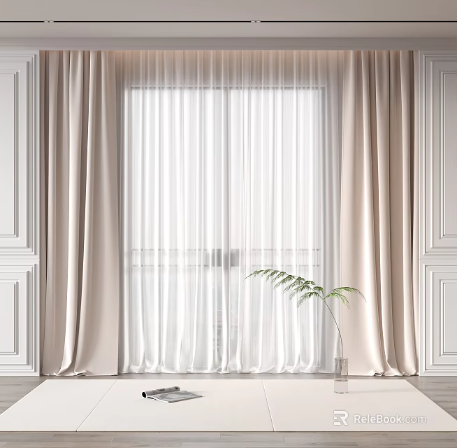Elegant Light Beige Curtains With Sheer Layers By Window And Green Plant In Modern Interior 3d model 