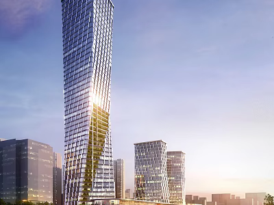 Modern High Rise Office Building With Glass Curtain Wall And City Skyline View At Sunset 3d model