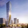 Modern High Rise Office Building With Glass Curtain Wall And City Skyline View At Sunset