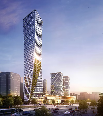 Modern High Rise Office Building With Glass Curtain Wall And City Skyline View At Sunset 3d model