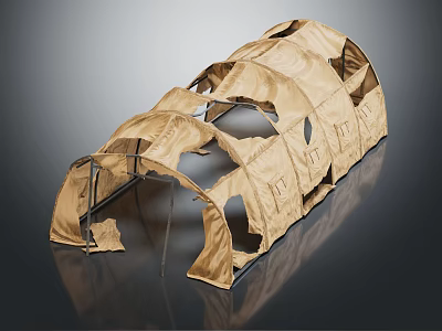Damaged Brown Canvas Tent With Multiple Holes And Collapsed Structure On Dark Reflective Surface 3d model