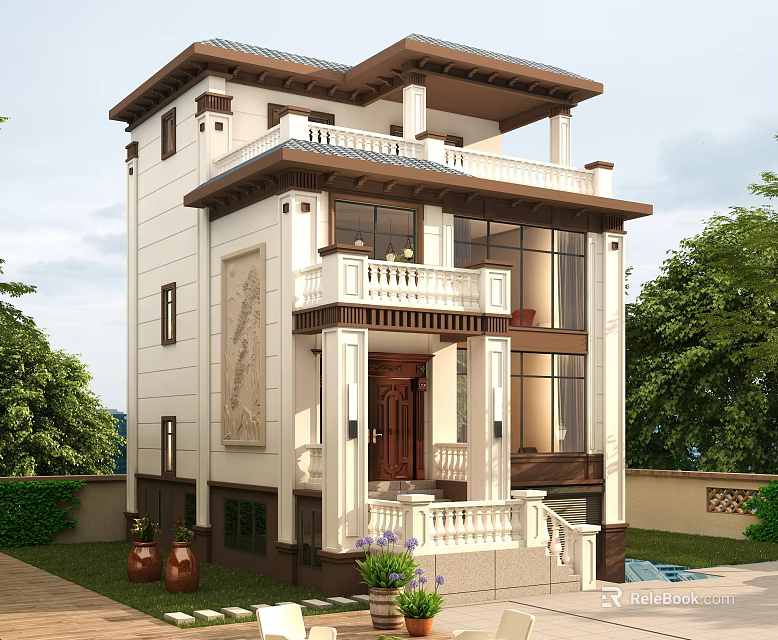 Two Story Detached Villa Exterior Design With Beige Brown Facade Balcony And Green Plants 3d model 