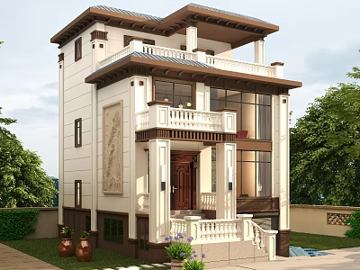 Two Story Detached Villa Exterior Design With Beige Brown Facade Balcony And Green Plants 3d model