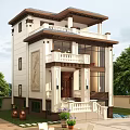 Two Story Detached Villa Exterior Design With Beige Brown Facade Balcony And Green Plants