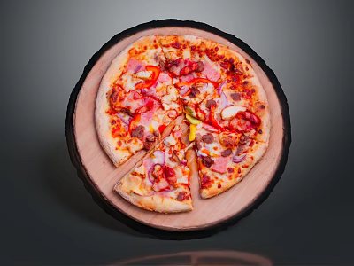Sliced Pizza Topped With Ham Red Pepper Onion And Cheese On Wooden Board 3d model
